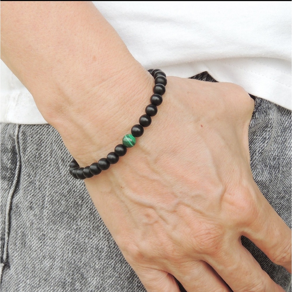 Mens Malachite and Matte Onyx Bracelet Beaded adjustable